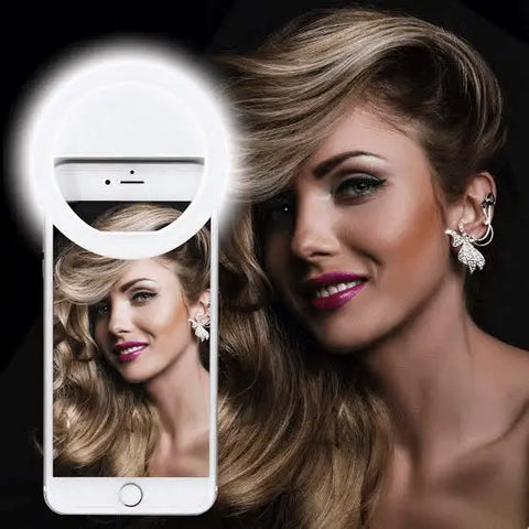 Clip-on LED light for phone cameras. Improves selfies & videos with bright, even light. Perfect for low light or makeup application.