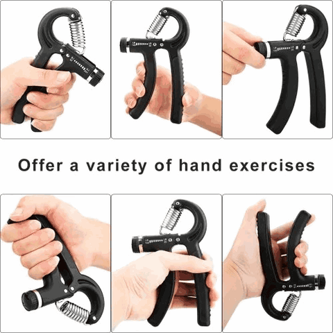 Hand grip strengthener adjusts difficulty for all levels. Squeezes train wrists, hands, forearms for better grip, rock climbing, rehab.