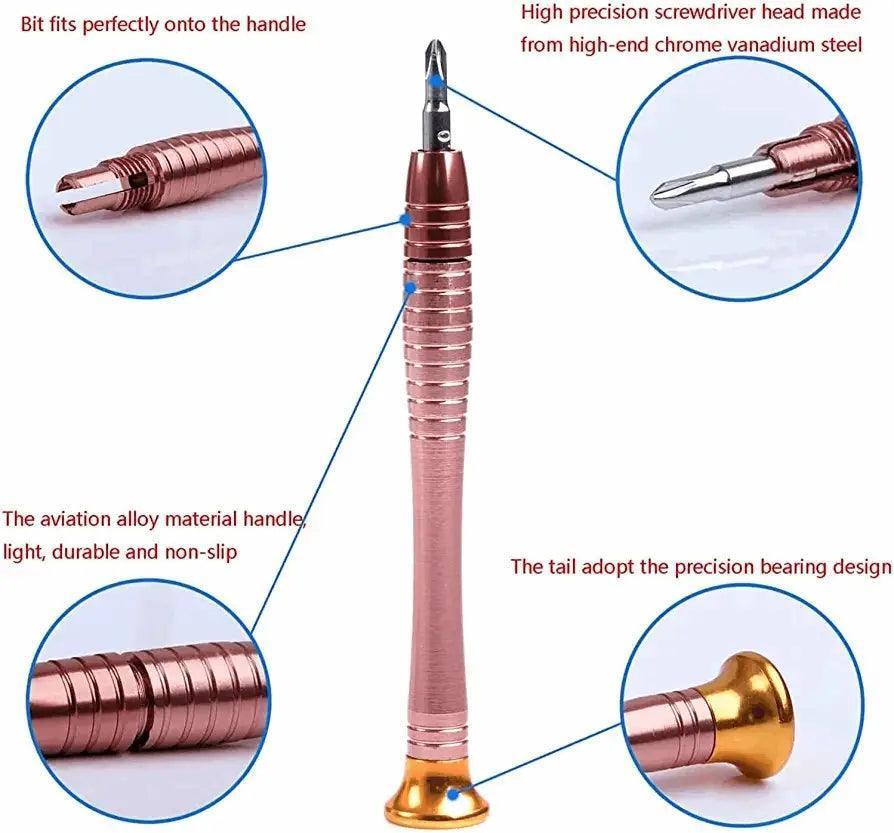 Tiny toolkit! 25 precision bits for fixing electronics, glasses, phones & more. Leather case keeps them organized.