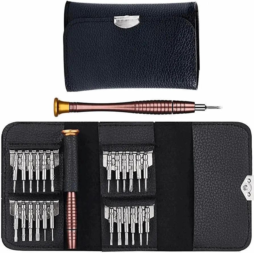 Tiny toolkit! 25 precision bits for fixing electronics, glasses, phones & more. Leather case keeps them organized.