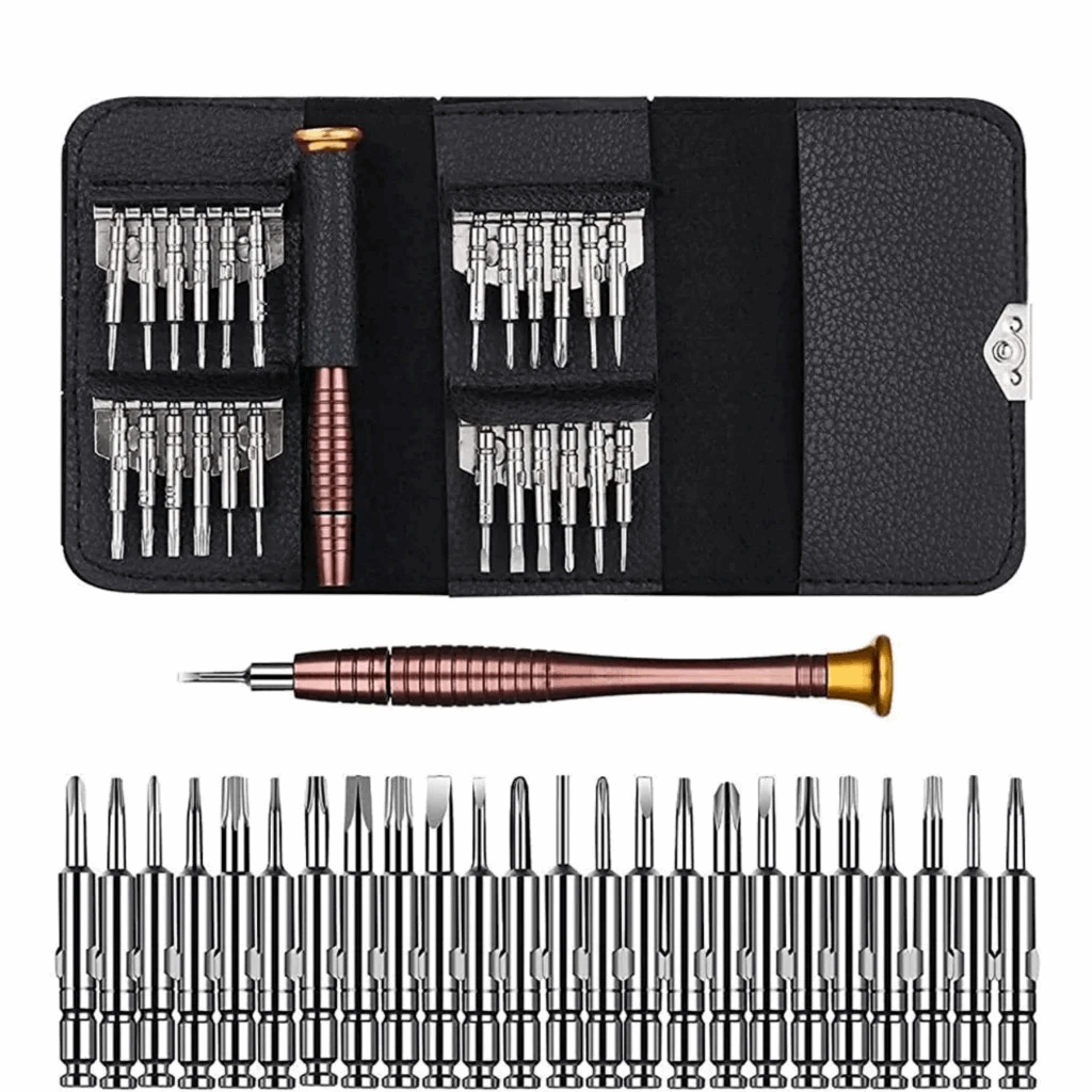 Tiny toolkit! 25 precision bits for fixing electronics, glasses, phones & more. Leather case keeps them organized.