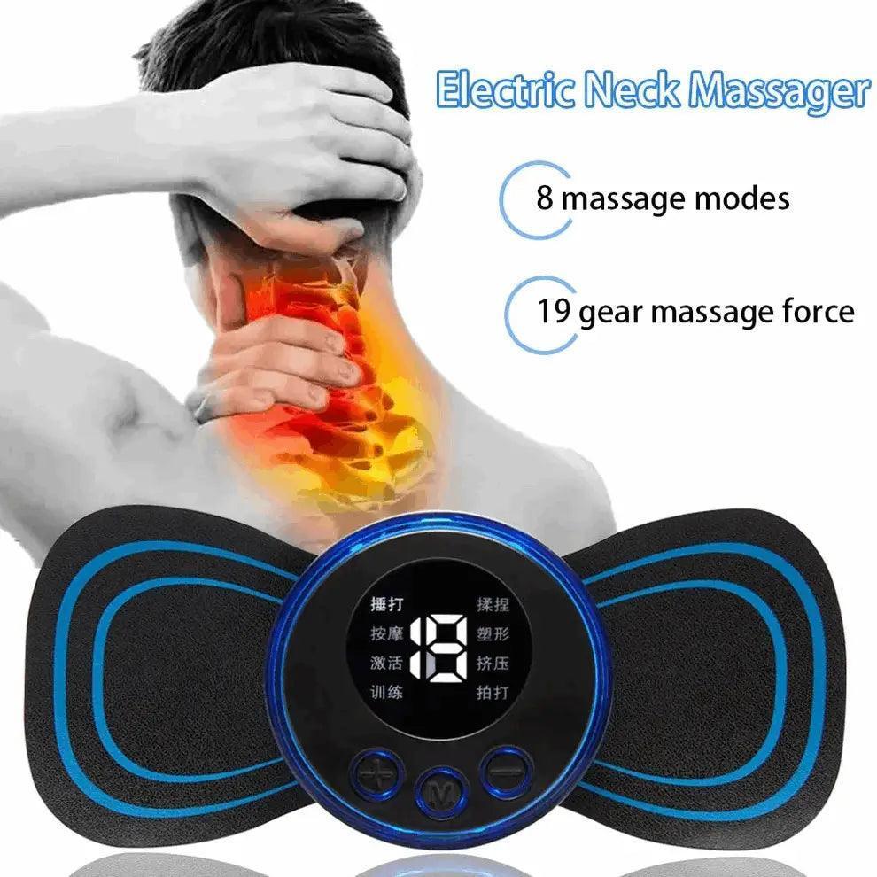 Portable electric massager relieves muscle aches & tension. Uses pulses to stimulate & relax. Great for neck, back & body.