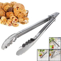 Stainless steel tongs with lock for safe grilling & serving BBQ food. Grab & turn burgers, veggies & more. Easy to use! 