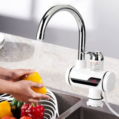 Instant hot water faucet heats water on demand.  LED display shows temp.  Great for kitchens & bathrooms.