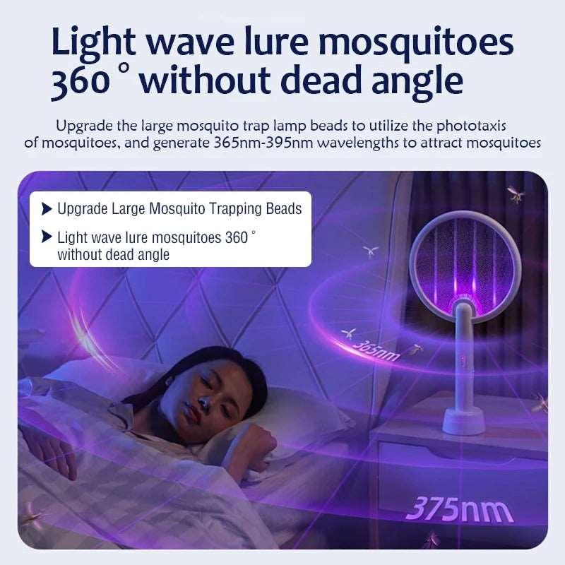 Rechargeable swatter zaps flies & mosquitos. Built-in lamp attracts them for easier swatting. Kills bugs indoors!