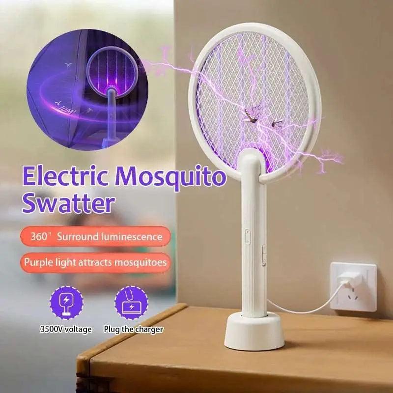 Rechargeable swatter zaps flies & mosquitos. Built-in lamp attracts them for easier swatting. Kills bugs indoors!