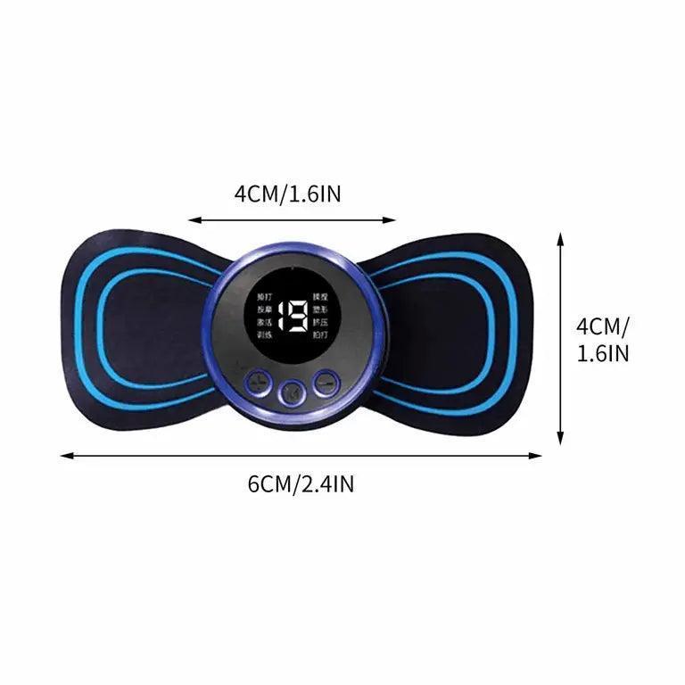 Portable electric massager relieves muscle aches & tension. Uses pulses to stimulate & relax. Great for neck, back & body.