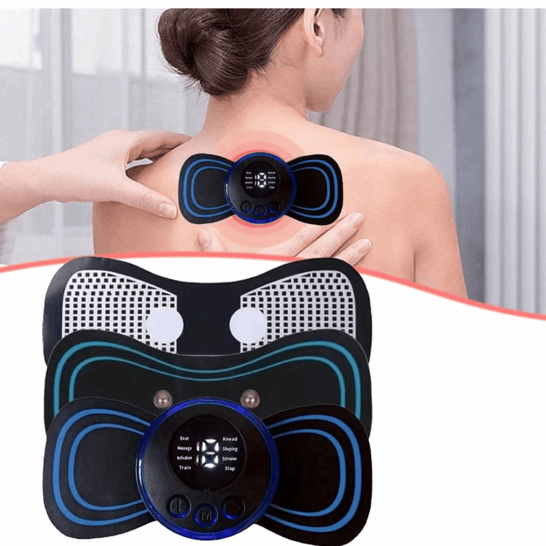 Portable electric massager relieves muscle aches & tension. Uses pulses to stimulate & relax. Great for neck, back & body.
