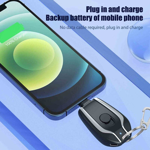 Tiny phone charger on keychain. Boosts phone battery in a pinch. Clips on keys for easy carrying.