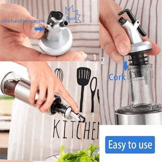 Lid with pump for oil bottles. Easy one-handed pressing dispenses oil, reduces spills. Great for cooking & vinaigrettes.