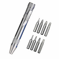 Pen-shaped tool with 8 magnetic screwdriver bits for fixing small electronics.