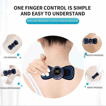 Portable electric massager relieves muscle aches & tension. Uses pulses to stimulate & relax. Great for neck, back & body.