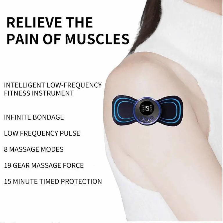 Portable electric massager relieves muscle aches & tension. Uses pulses to stimulate & relax. Great for neck, back & body.