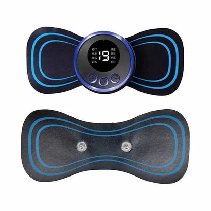Portable electric massager relieves muscle aches & tension. Uses pulses to stimulate & relax. Great for neck, back & body.