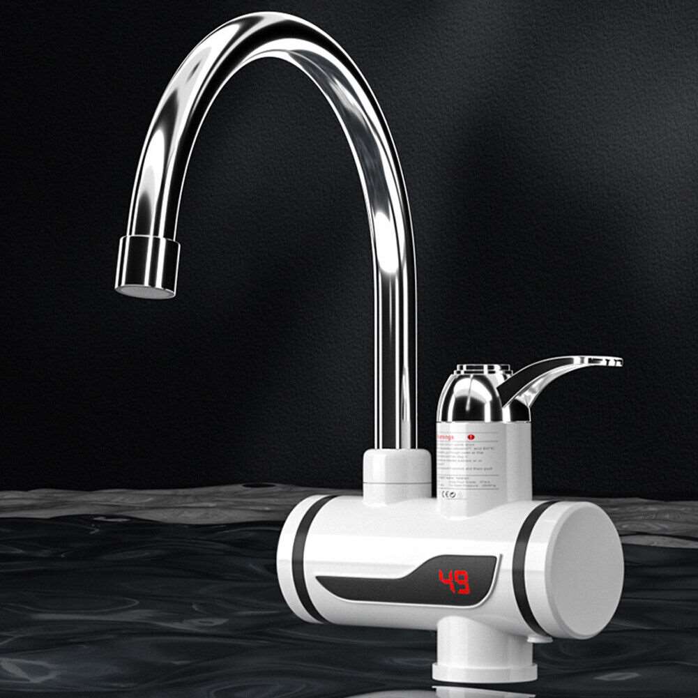 Instant hot water faucet heats water on demand.  LED display shows temp.  Great for kitchens & bathrooms.